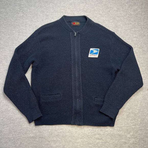 Vintage USPS Post Office Sweater Adult Medium Navy Full Zip Knit Cardigan SFKM - Picture 1 of 12